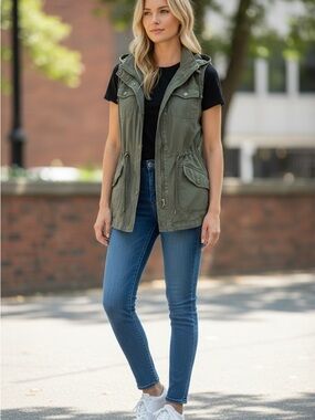 Ashley by 26 international Sleeveless Hooded Utility Vest - Olive Green